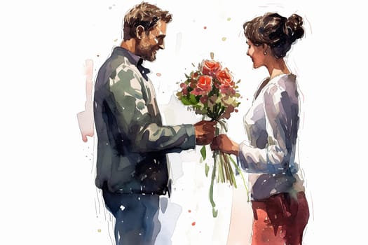 Experience the tenderness of a romantic date as a watercolor illustration beautifully depicts a guy presenting a bouquet of flowers to a delighted girl.