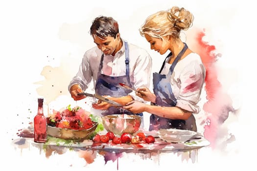 Celebrate love in the kitchen with a watercolor illustration of a couple preparing food together. This art beautifully captures the essence of a romantic date.