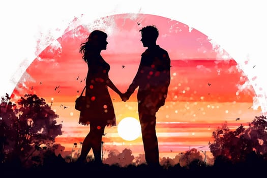 Celebrate loves silhouette with a vibrant watercolor illustration, capturing a couple in a romantic date against a bright background. A vivid expression of togetherness.