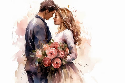 Celebrate the union of love with a watercolor illustration capturing the essence of a newlywed couple, radiating joy and romance on their wedding day.