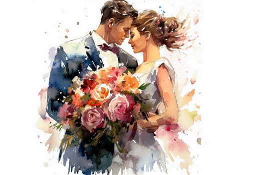 Celebrate the union of love with a watercolor illustration capturing the essence of a newlywed couple, radiating joy and romance on their wedding day.