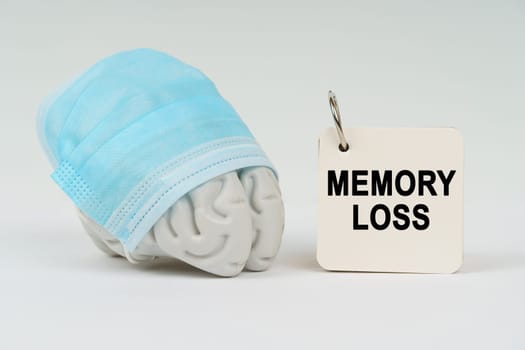Medical concept. On a white surface next to the brain there is a notepad with the inscription - MEMORY LOSS