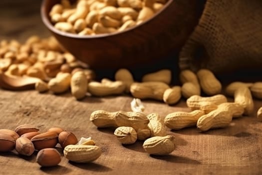 Assorted nuts spread on wooden surface with a focus on peanuts.