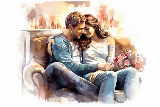Immerse yourself in the warmth of love with a watercolor illustration portraying a couple sitting near the fireplace. An evocative concept for Valentines Day, embodying romance and love.