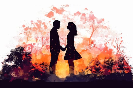 Celebrate loves silhouette with a vibrant watercolor illustration, capturing a couple in a romantic date against a bright background. A vivid expression of togetherness.