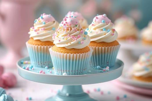 Desserts for a birthday party, pastel colors. AI generated.