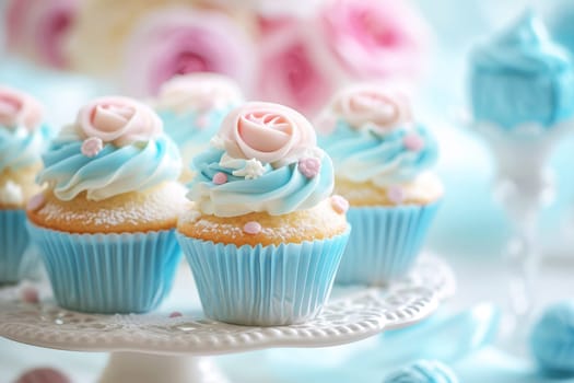 Desserts for a birthday party, pastel colors. AI generated.