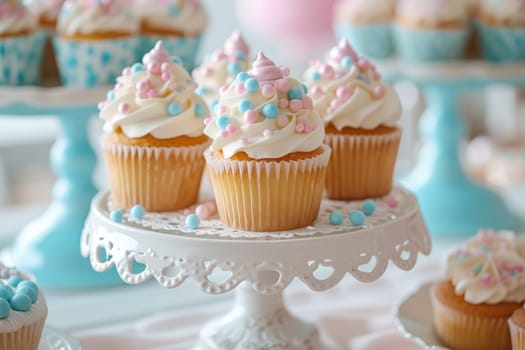 Desserts for a birthday party, pastel colors. AI generated.