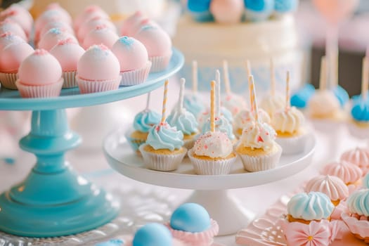 Desserts for a birthday party, pastel colors. AI generated.