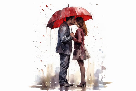 Experience the magic of love as a watercolor illustration depicts a couple strolling outdoors after the rain. A romantic date captured in a picturesque setting.