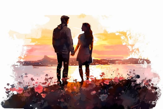 Embrace the beauty of love as a watercolor illustration depicts a couple in a tender moment, gazing at the setting sun. A romantic and enchanting date.