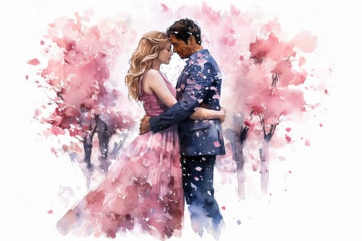 Celebrate loves journey with a watercolor illustration of a couple strolling in nature. The art beautifully captures the essence of their romantic connection.