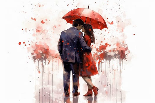 Experience the magic of love as a watercolor illustration depicts a couple strolling outdoors after the rain. A romantic date captured in a picturesque setting.