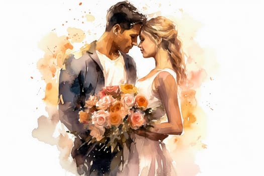 Celebrate the union of love with a watercolor illustration capturing the essence of a newlywed couple, radiating joy and romance on their wedding day.