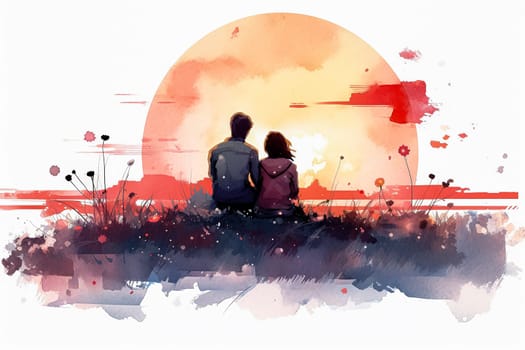 Embrace the beauty of love as a watercolor illustration depicts a couple in a tender moment, gazing at the setting sun. A romantic and enchanting date.