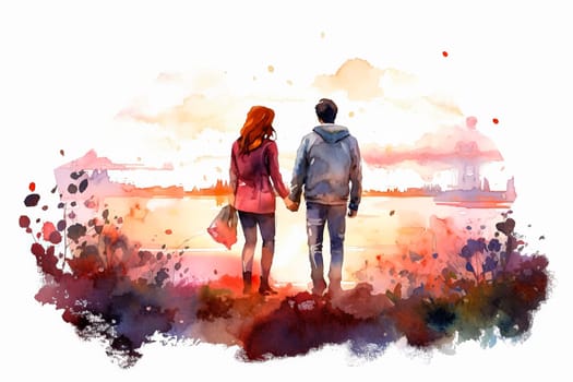 Embrace the beauty of love as a watercolor illustration depicts a couple in a tender moment, gazing at the setting sun. A romantic and enchanting date.