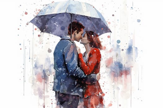 Experience the magic of love as a watercolor illustration depicts a couple strolling outdoors after the rain. A romantic date captured in a picturesque setting.