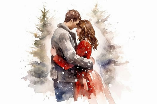 Elevate the romance with a watercolor illustration of a couple in love against a festive New Years background. The art captures the magic of the season.