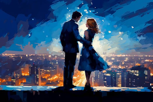 Immerse yourself in the romantic ambiance of a watercolor illustration depicting a couple in love against the backdrop of a night city. A dreamy and enchanting date.