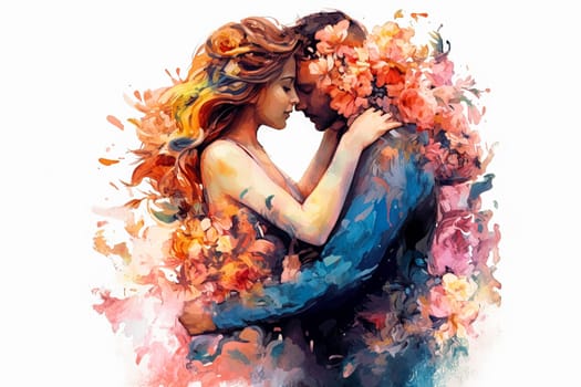 Evoke romance with a watercolor illustration portraying a couple kissing against a backdrop of flowers. The art captures the essence of a romantic and intimate date.