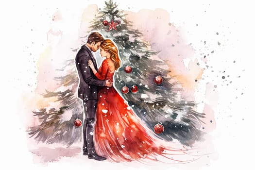 Elevate the romance with a watercolor illustration of a couple in love against a festive New Years background. The art captures the magic of the season.