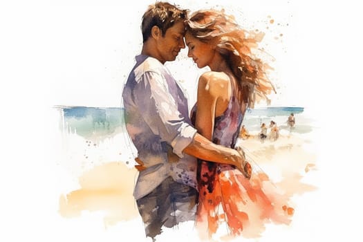 Escape to a dreamy beach setting with a watercolor illustration portraying a couple in love against the backdrop of the ocean. A romantic and serene date.