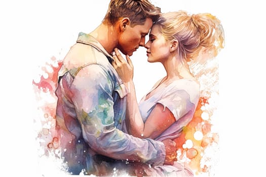 Evoke romance with a watercolor illustration portraying a couple kissing against a backdrop of flowers. The art captures the essence of a romantic and intimate date.