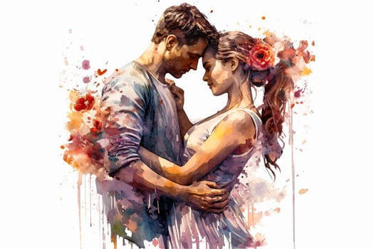 Evoke romance with a watercolor illustration portraying a couple kissing against a backdrop of flowers. The art captures the essence of a romantic and intimate date.