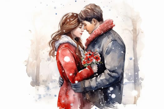 Elevate the romance with a watercolor illustration of a couple in love against a festive New Years background. The art captures the magic of the season.