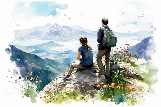 Experience the serenity of love with a watercolor illustration depicting a couple in the mountains. A picturesque scene capturing the essence of romance and togetherness.