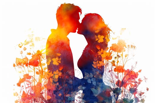 Celebrate loves silhouette with a vibrant watercolor illustration, capturing a couple in a romantic date against a bright background. A vivid expression of togetherness.