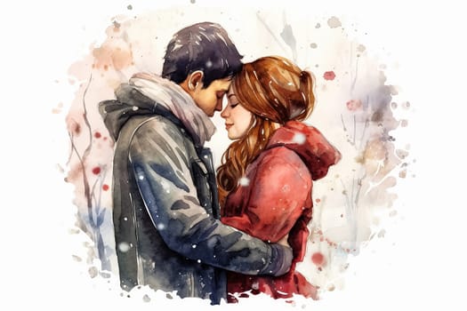 Elevate the romance with a watercolor illustration of a couple in love against a festive New Years background. The art captures the magic of the season.