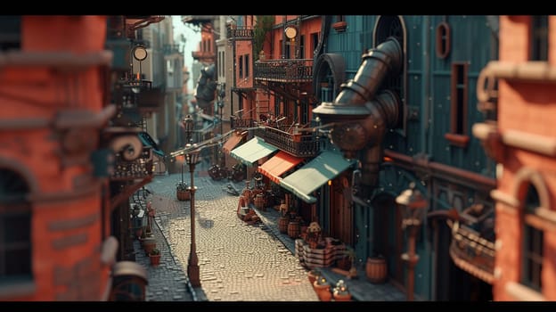 Steampunk city streets with mechanisms and clocks. High quality illustration