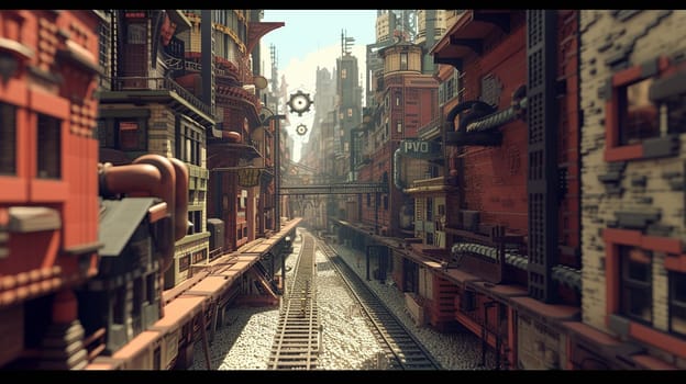 Steampunk city streets with mechanisms and clocks. High quality illustration