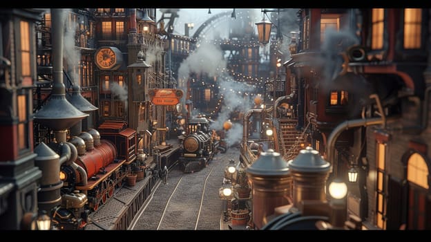 Steampunk city streets with mechanisms and clocks. High quality illustration