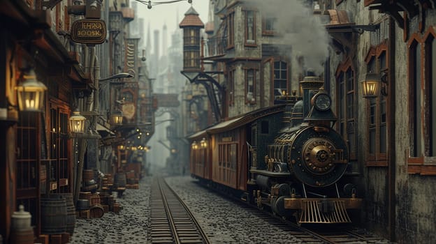 Steampunk city streets with mechanisms and clocks. High quality illustration