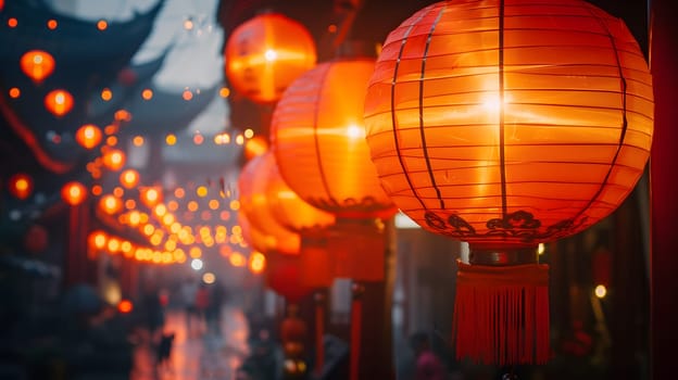 Chinese red lantern at night, Chinese New Year, generative ai. High quality photo