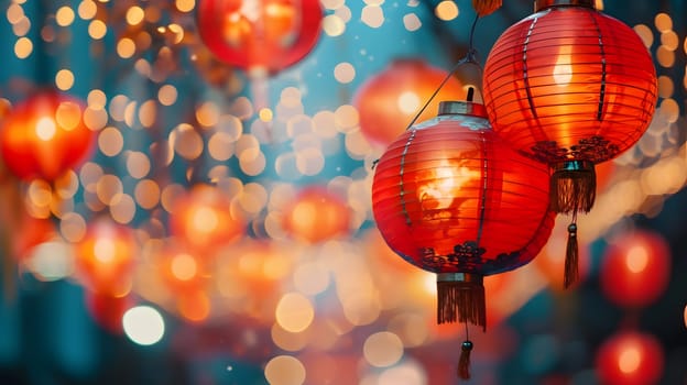 Chinese red lantern at night, Chinese New Year, generative ai. High quality photo