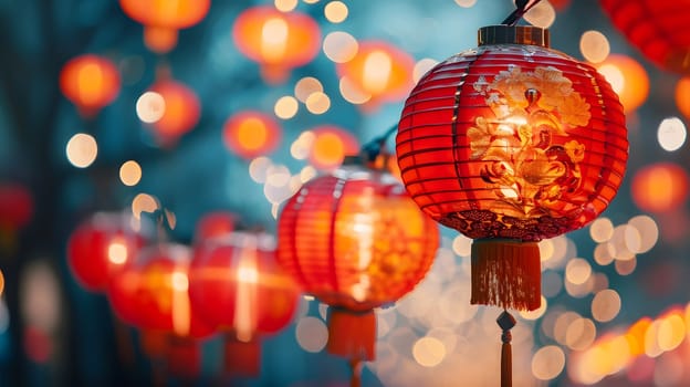 Chinese red lantern at night, Chinese New Year, generative ai. High quality photo