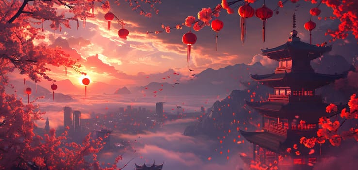 Chinese traditional new year landscape with temple and red lanterns, generative ai. High quality photo