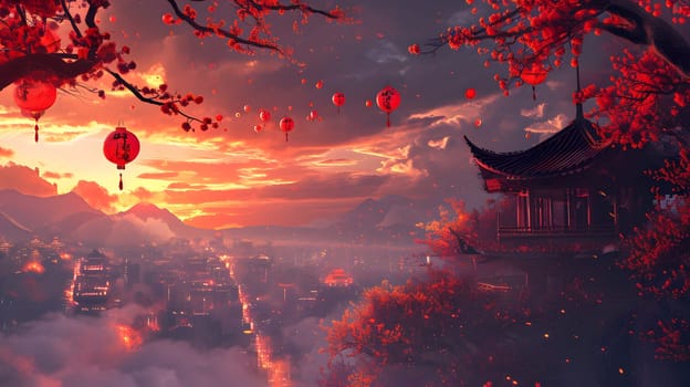 Chinese traditional new year landscape with temple and red lanterns, generative ai. High quality photo