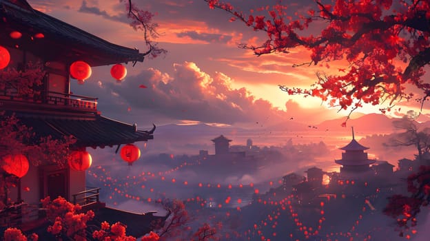 Chinese traditional new year landscape with temple and red lanterns, generative ai. High quality photo