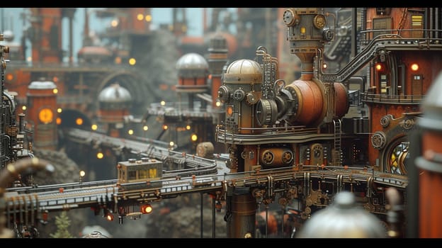 Steampunk city streets with mechanisms and clocks. High quality illustration