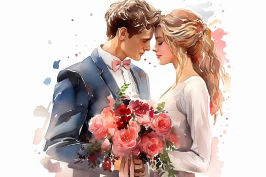 Celebrate the union of love with a watercolor illustration capturing the essence of a newlywed couple, radiating joy and romance on their wedding day.