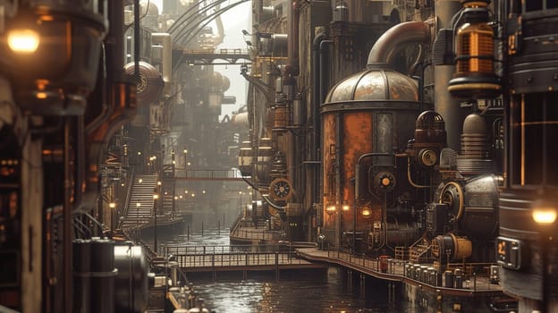 Steampunk city streets with mechanisms and clocks. High quality illustration