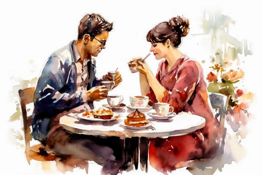 Indulge in a romantic date as a watercolor illustration portrays a couple in love having breakfast in a charming cafe. The art captures the essence of togetherness.