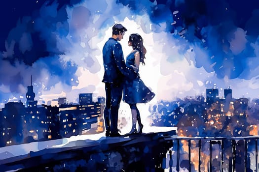Immerse yourself in the romantic ambiance of a watercolor illustration depicting a couple in love against the backdrop of a night city. A dreamy and enchanting date.