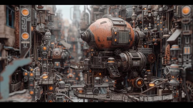 Steampunk city streets with mechanisms and clocks. High quality illustration