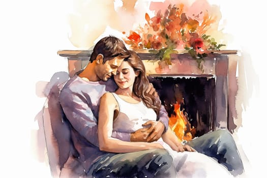 Immerse yourself in the warmth of love with a watercolor illustration portraying a couple sitting near the fireplace. An evocative concept for Valentines Day, embodying romance and love.