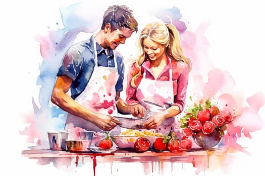 Celebrate love in the kitchen with a watercolor illustration of a couple preparing food together. This art beautifully captures the essence of a romantic date.